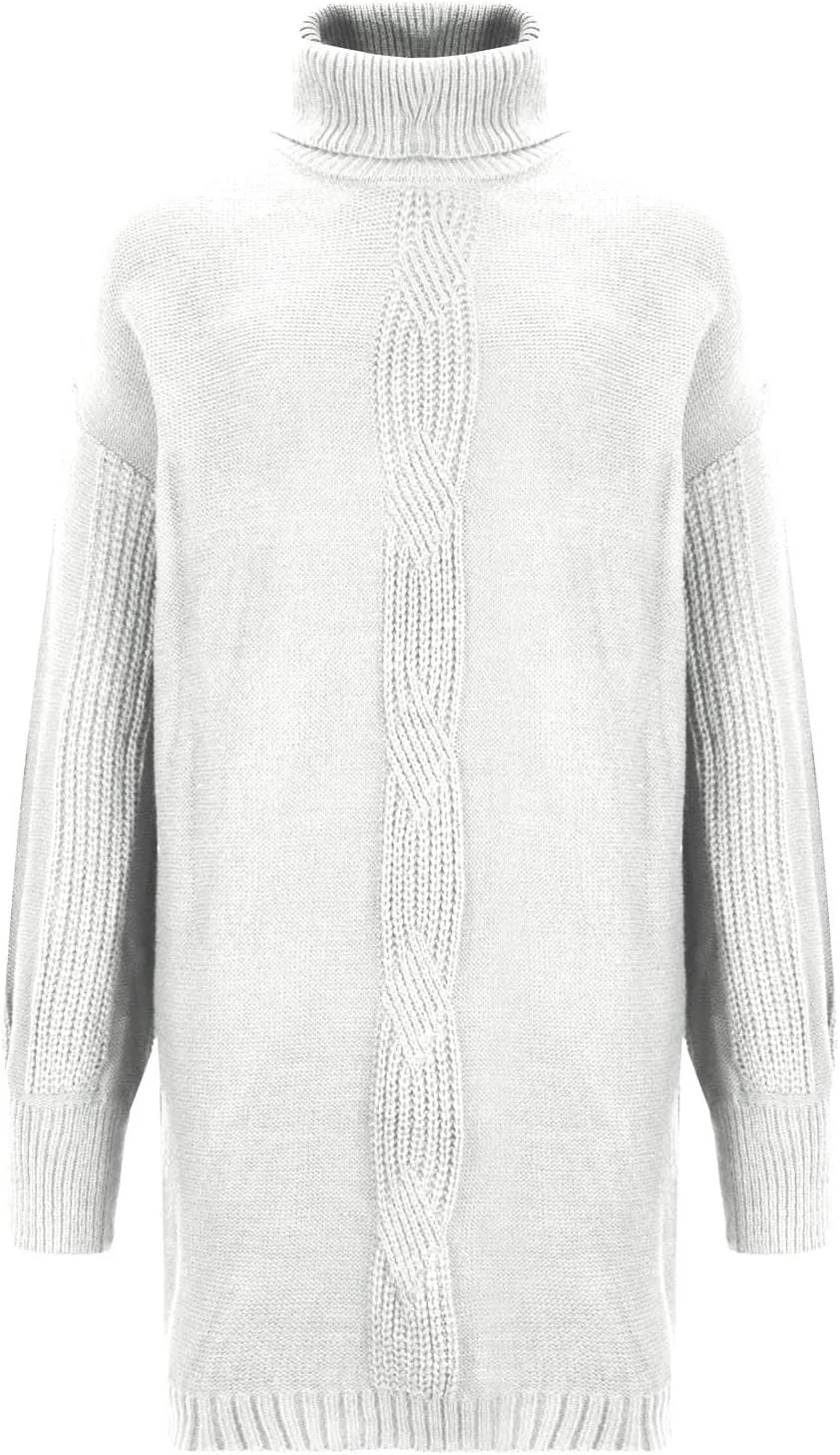 HGps8w Women's Pullover Turtleneck Sweater Dress, Loose Lantern Long Sleeve Cable Knit Casual Cozy Midi Dresses