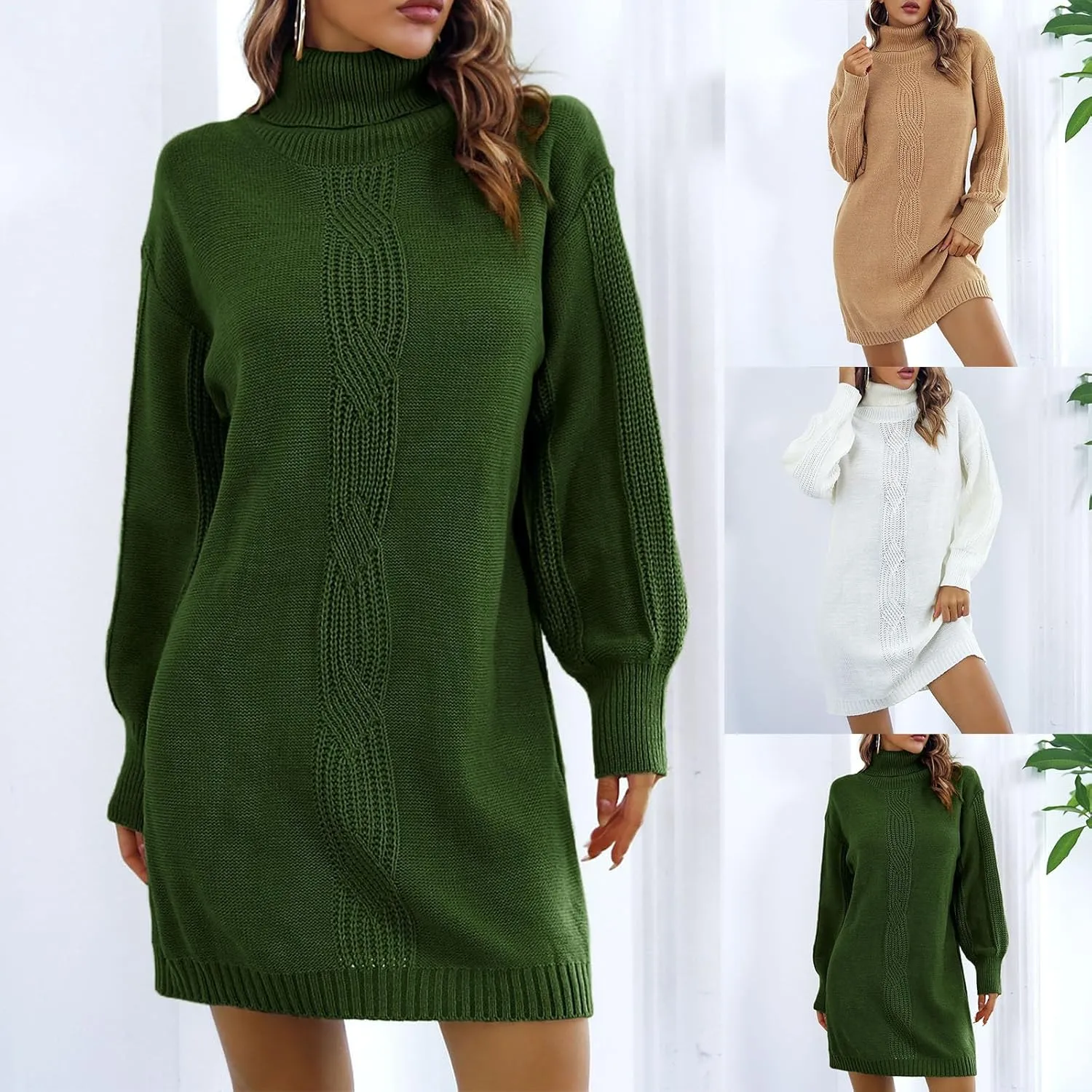 HGps8w Women's Pullover Turtleneck Sweater Dress, Loose Lantern Long Sleeve Cable Knit Casual Cozy Midi Dresses