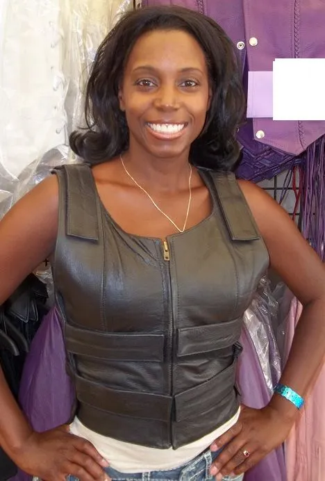 HL14945Black Women BLACK Bullet Proof style Leather Motorcycle Vest bikers Club Tactical Vest Ammo