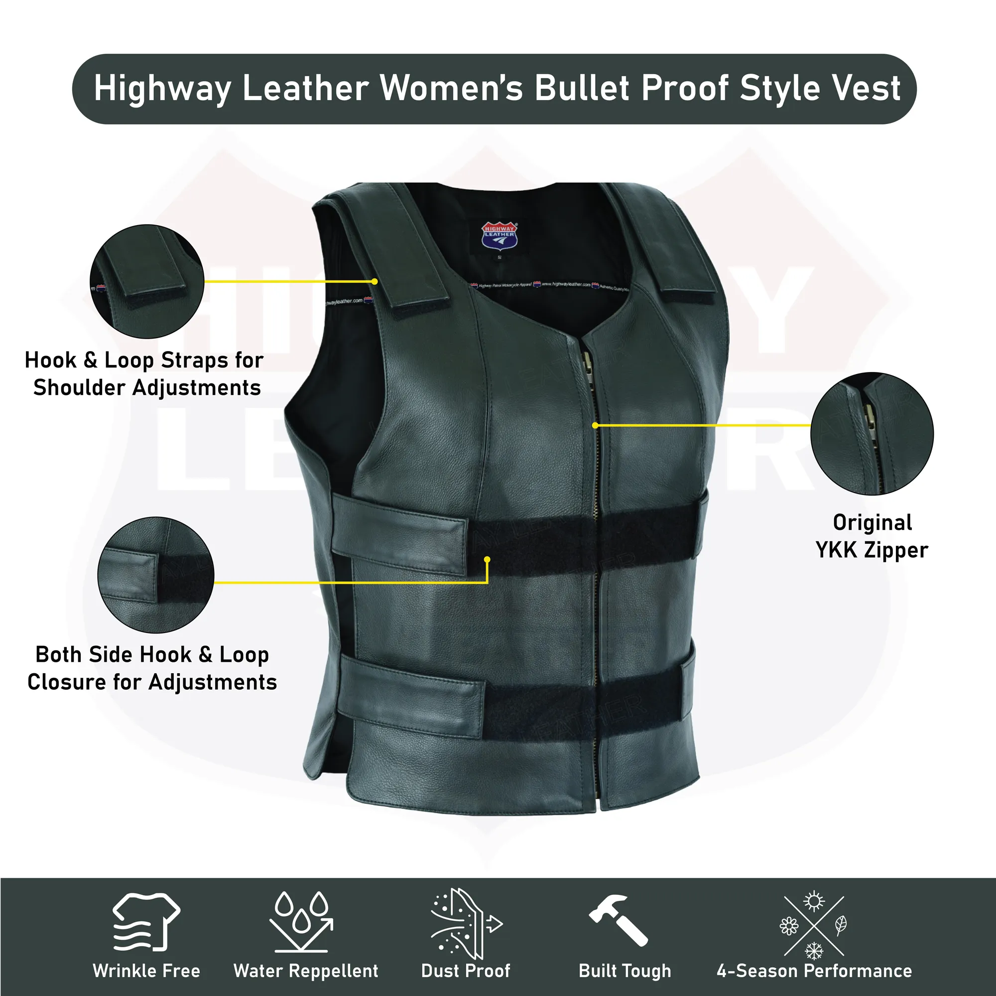 HL14945Black Women BLACK Bullet Proof style Leather Motorcycle Vest bikers Club Tactical Vest Ammo