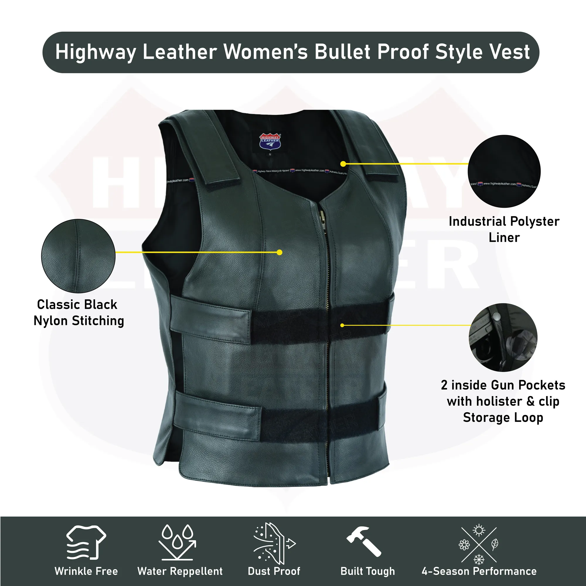 HL14945Black Women BLACK Bullet Proof style Leather Motorcycle Vest bikers Club Tactical Vest Ammo