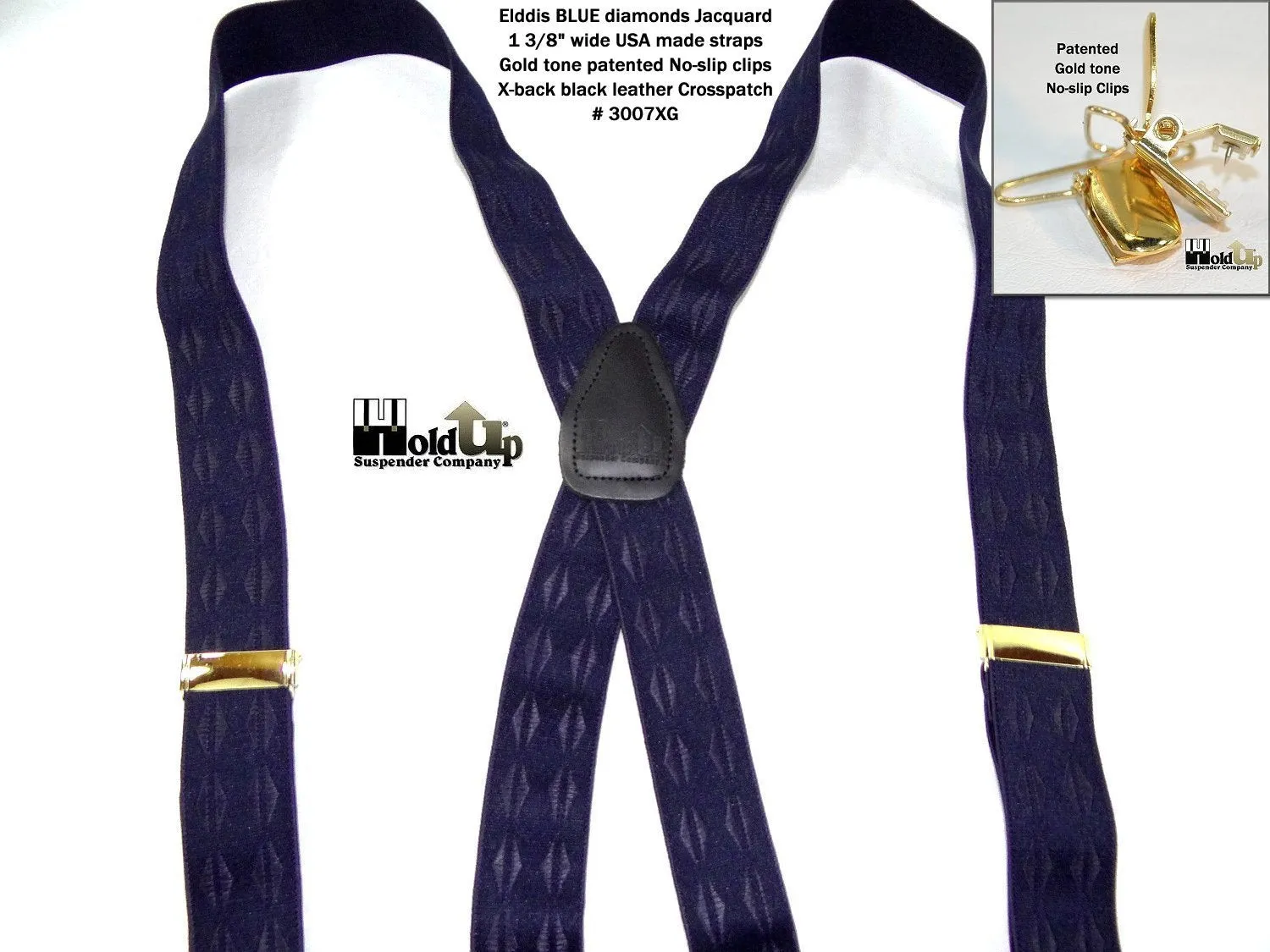Hold-Ups Blue Elddis Diamond Pattern Jacquard Suspenders X-back And USA Patented Gold No-slip Clips
