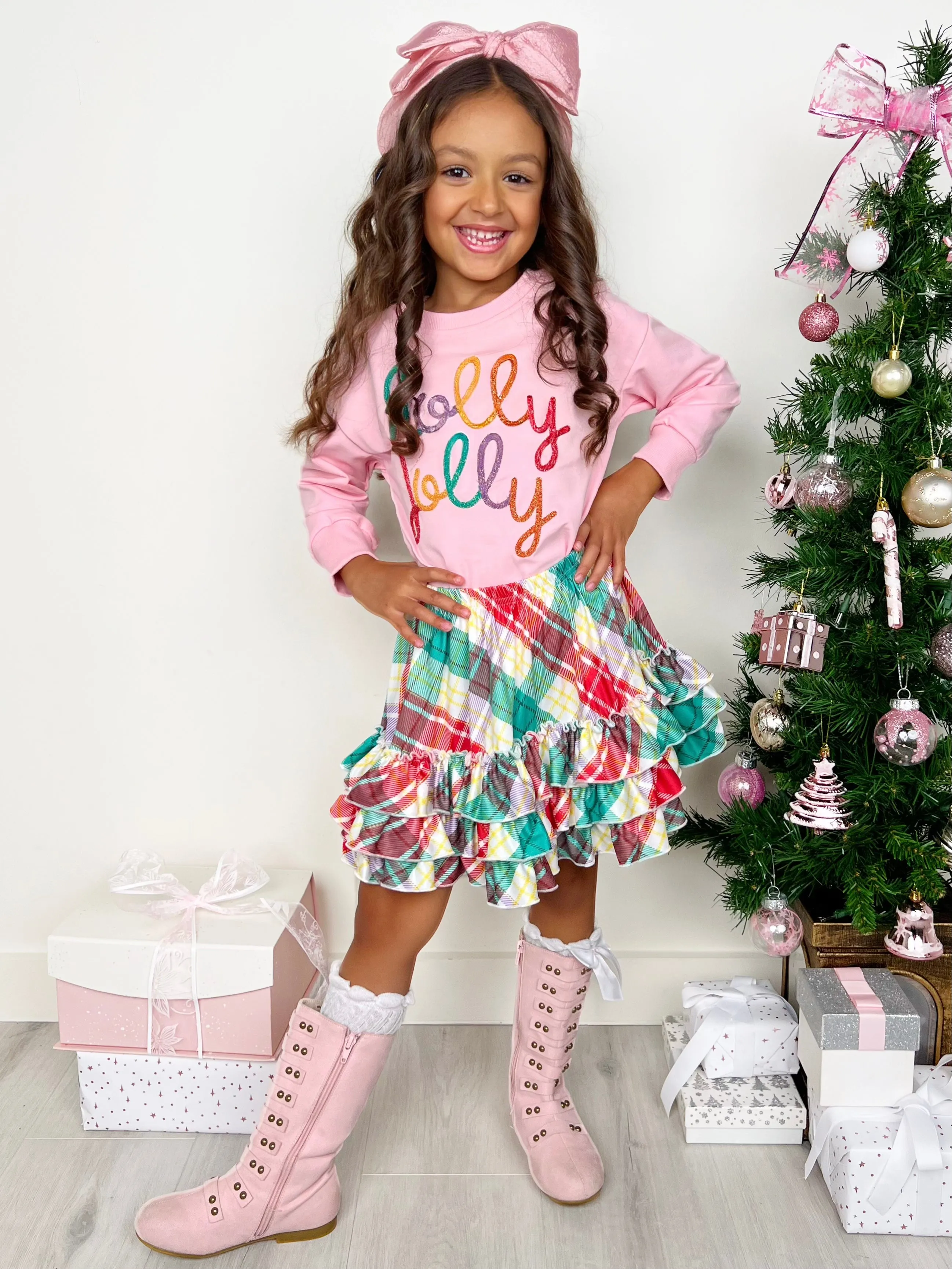 Holly Jolly Pink Top And Christmas Plaid Ruffle Skirt Set