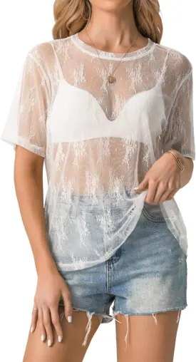 HWOKEFEIYU Women's Summer Short Sleeve Tops See Through Mesh Sheer Sexy T Shirt Blouse