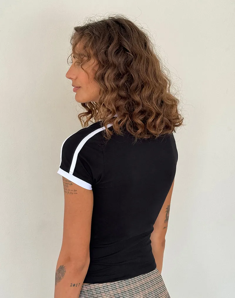 Izolde Baby Tee in Black with White Binding and M Embroidery