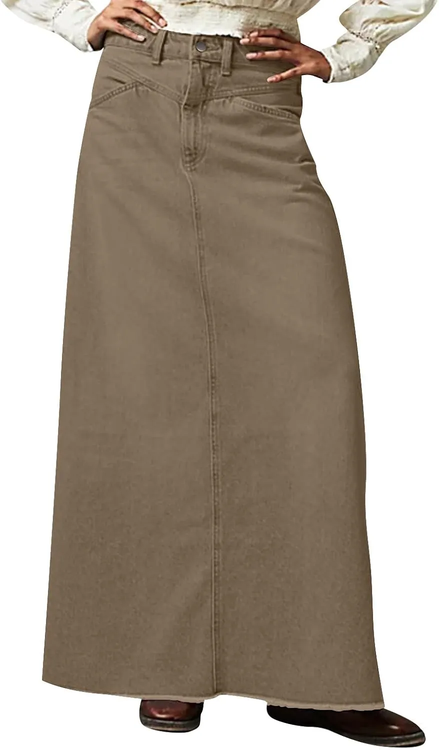 Jean Skirts for Women Denim High Waisted Vintage Raw Hem Long Denim Skirt Summer A-line Y2k Maxi Skirt with Pockets