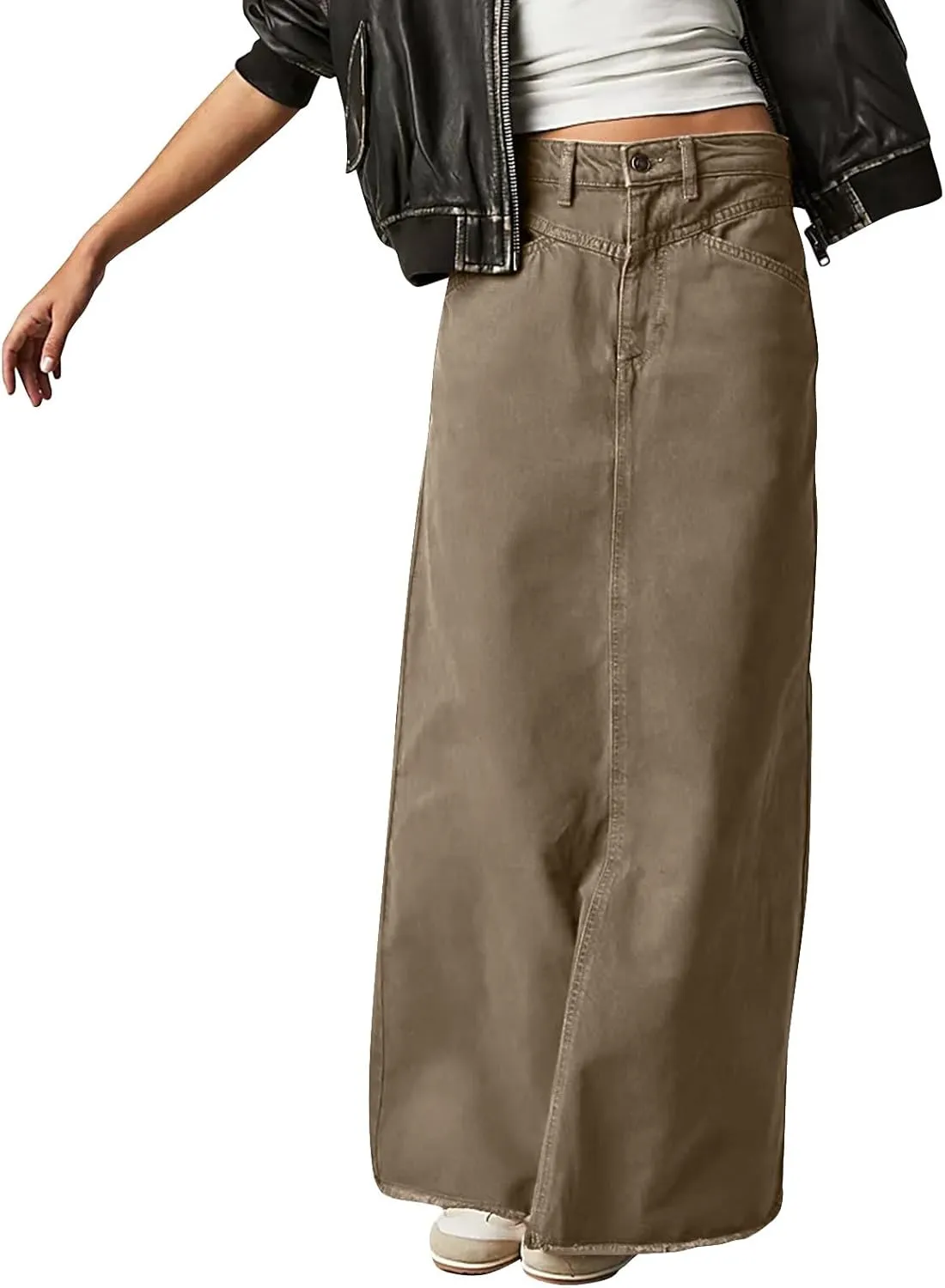 Jean Skirts for Women Denim High Waisted Vintage Raw Hem Long Denim Skirt Summer A-line Y2k Maxi Skirt with Pockets
