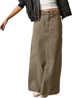 Jean Skirts for Women Denim High Waisted Vintage Raw Hem Long Denim Skirt Summer A-line Y2k Maxi Skirt with Pockets