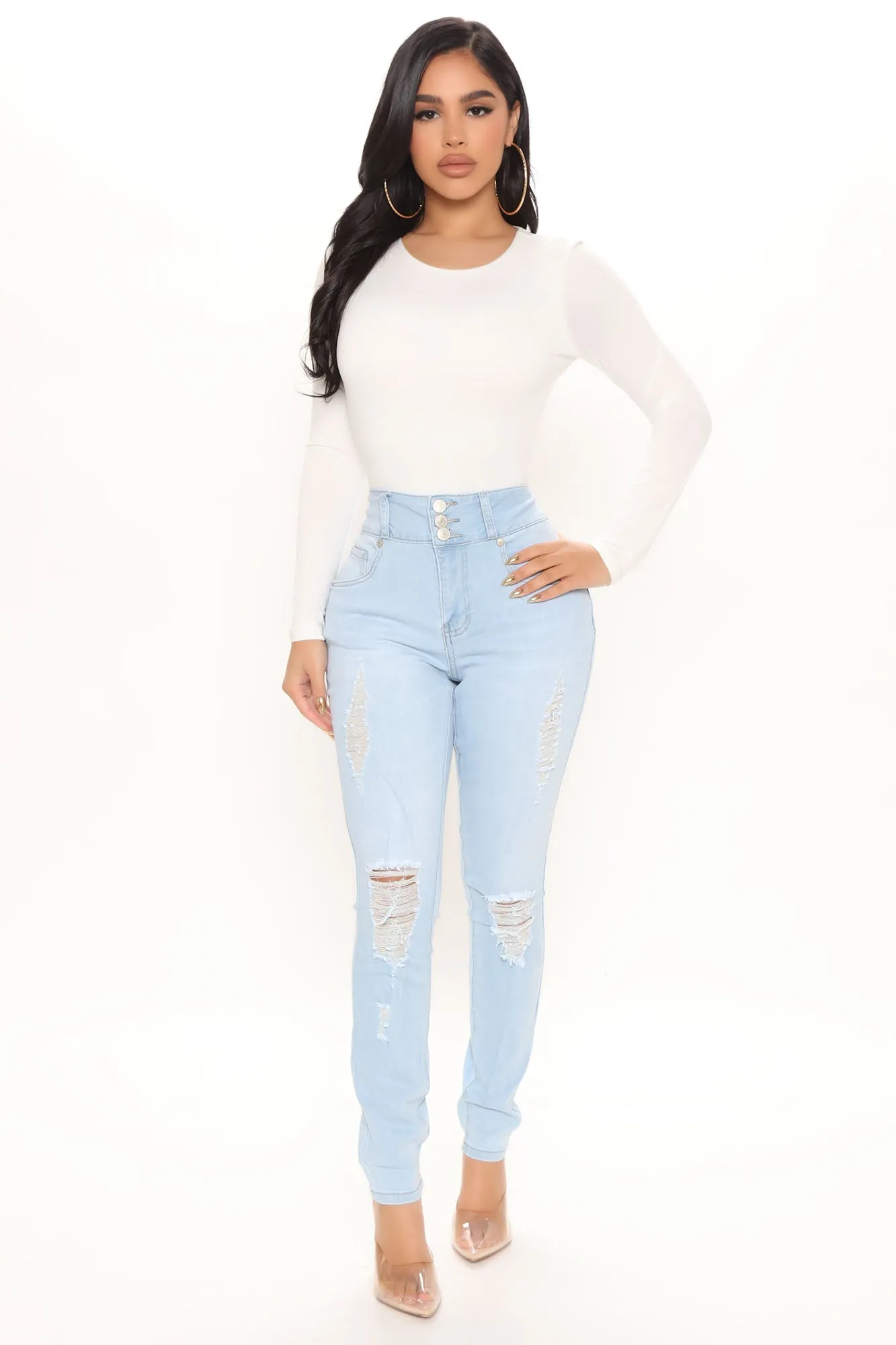 KittenAlarm - On Edge Ripped Skinny Jeans - Light Blue Wash