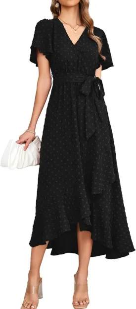 KUTUMAI Women 2024 Swiss Dot Maxi Dress V Neck Wrap Belted Ruffle A Line Flowy Boho Wedding Guest Long Dresses