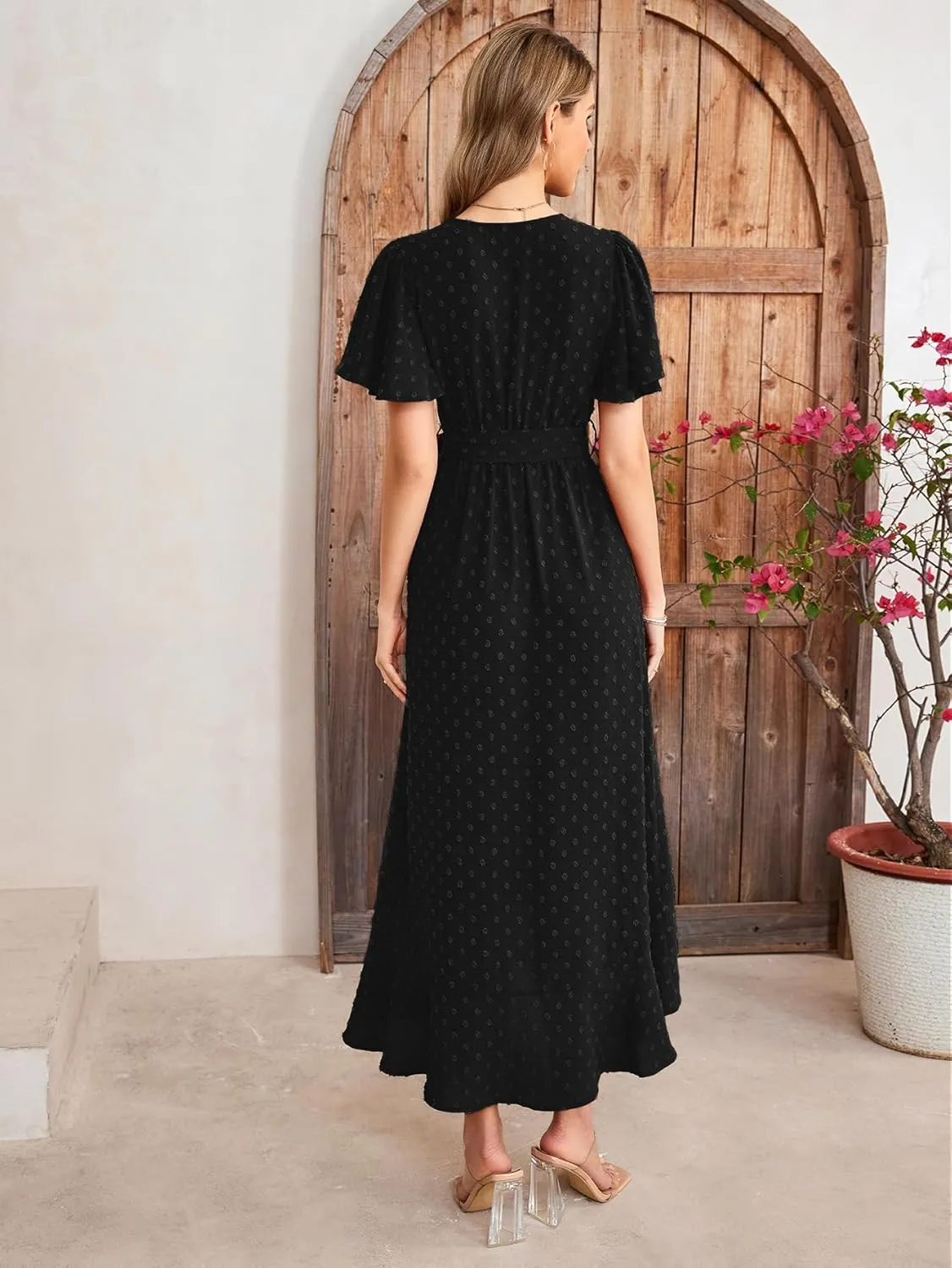KUTUMAI Women 2024 Swiss Dot Maxi Dress V Neck Wrap Belted Ruffle A Line Flowy Boho Wedding Guest Long Dresses