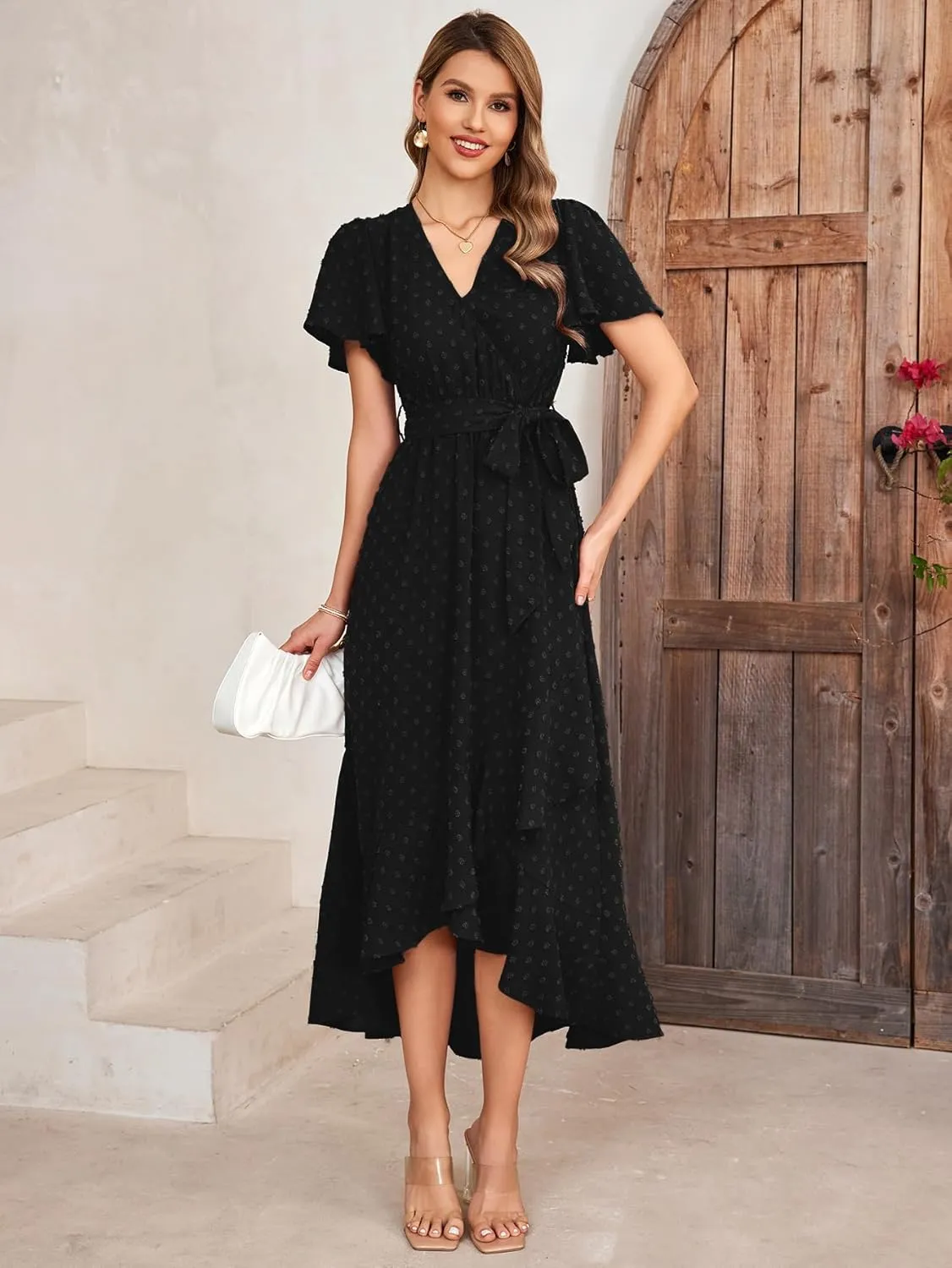 KUTUMAI Women 2024 Swiss Dot Maxi Dress V Neck Wrap Belted Ruffle A Line Flowy Boho Wedding Guest Long Dresses