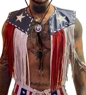 Leather Fringe Vest, American Flag Design, Western Cowboy Style, Unisex