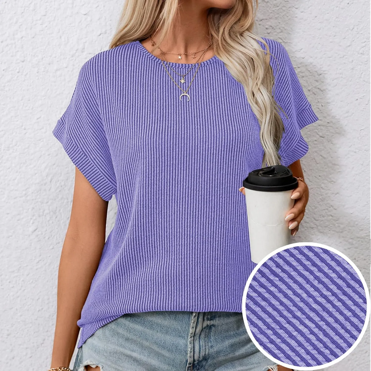 levaca Trendy Ribbed Womens Tops 2024 Summer Short Sleeve Loose Casual T Shirts Tops