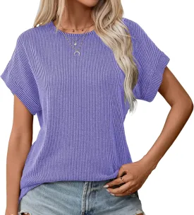 levaca Trendy Ribbed Womens Tops 2024 Summer Short Sleeve Loose Casual T Shirts Tops