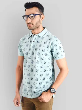 Light Pistachio Melange Printed Slim Fit Polo T-shirt | Greenfibre