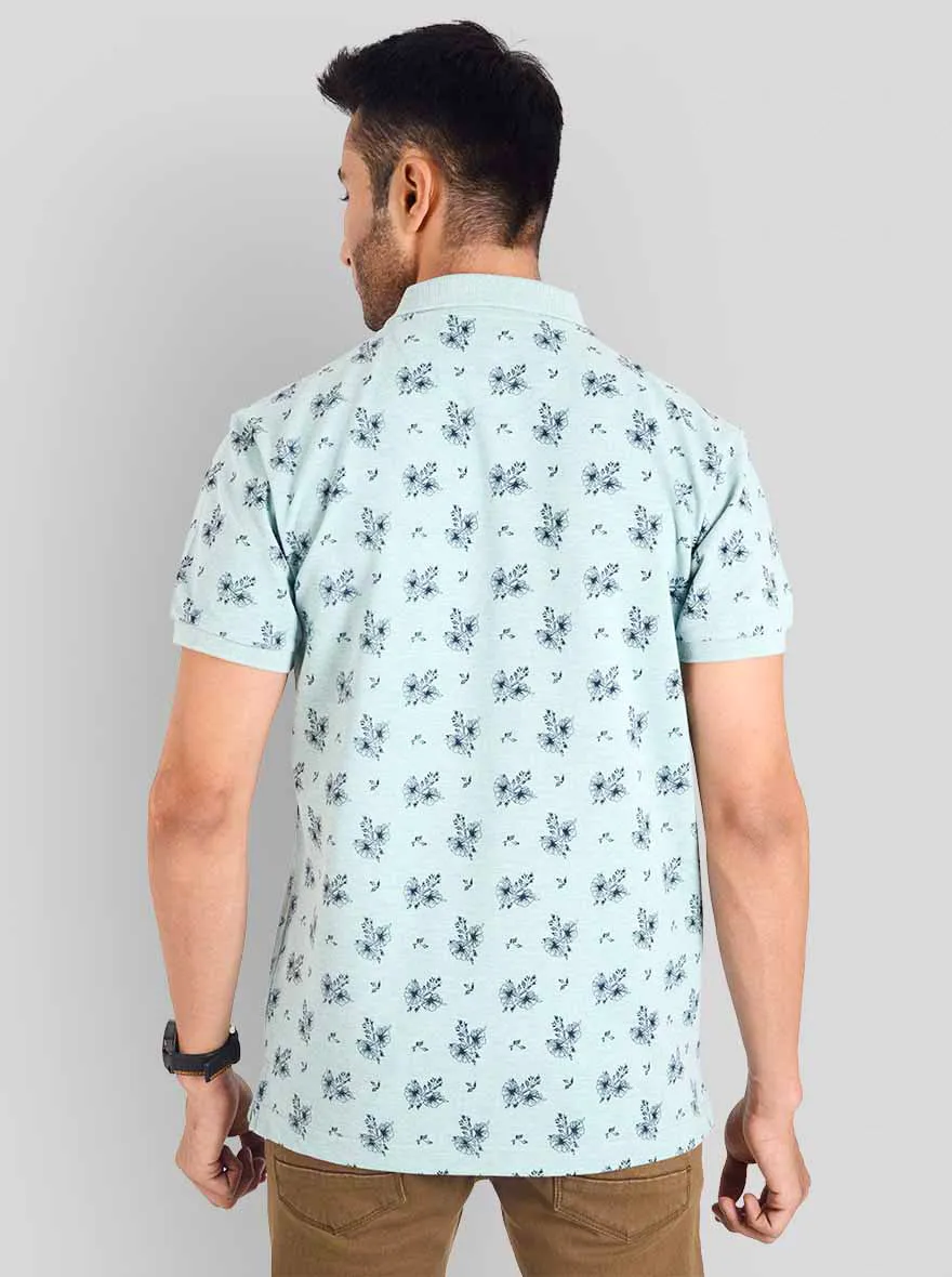 Light Pistachio Melange Printed Slim Fit Polo T-shirt | Greenfibre