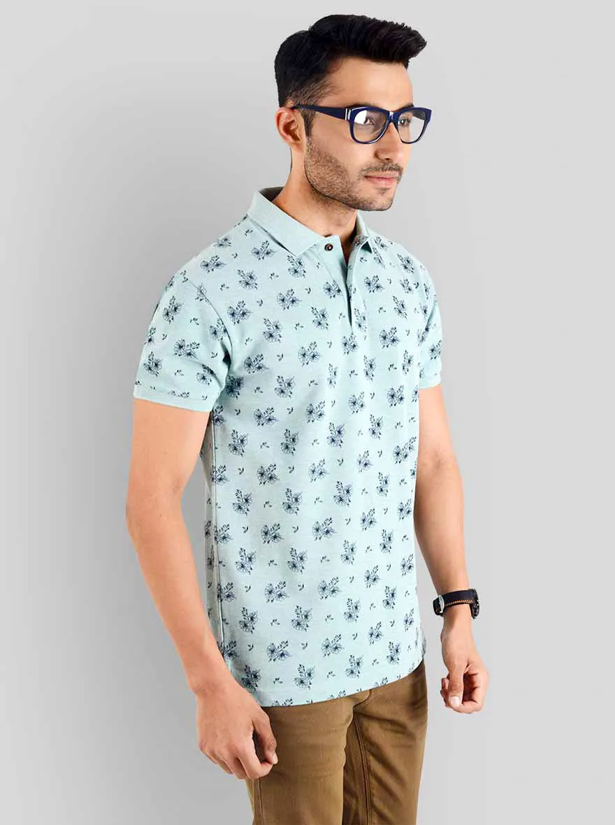 Light Pistachio Melange Printed Slim Fit Polo T-shirt | Greenfibre