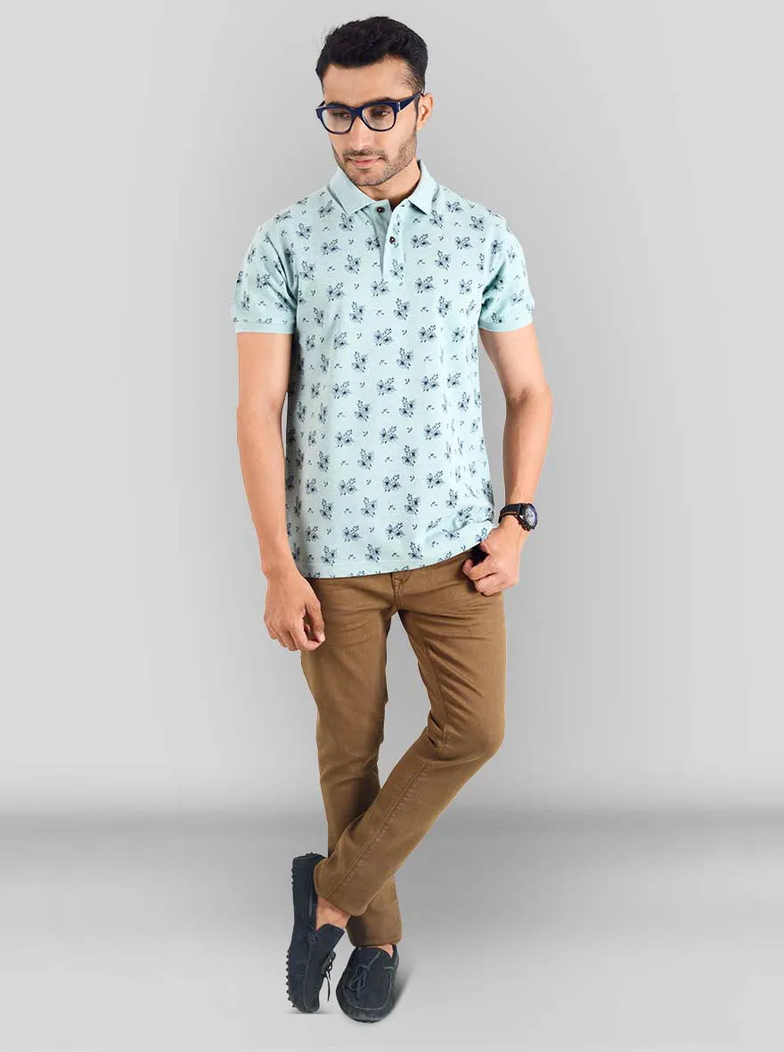 Light Pistachio Melange Printed Slim Fit Polo T-shirt | Greenfibre