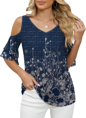 LOMON Womens Tops Summer 2024 Cold Shoulder Short Sleeve Tunic Shirt Casual V Neck Mesh Double Layers Blouses