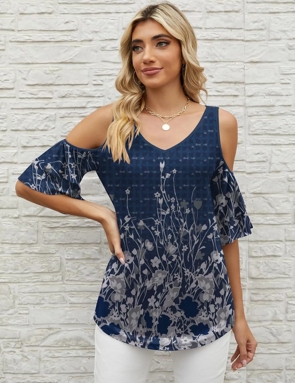 LOMON Womens Tops Summer 2024 Cold Shoulder Short Sleeve Tunic Shirt Casual V Neck Mesh Double Layers Blouses