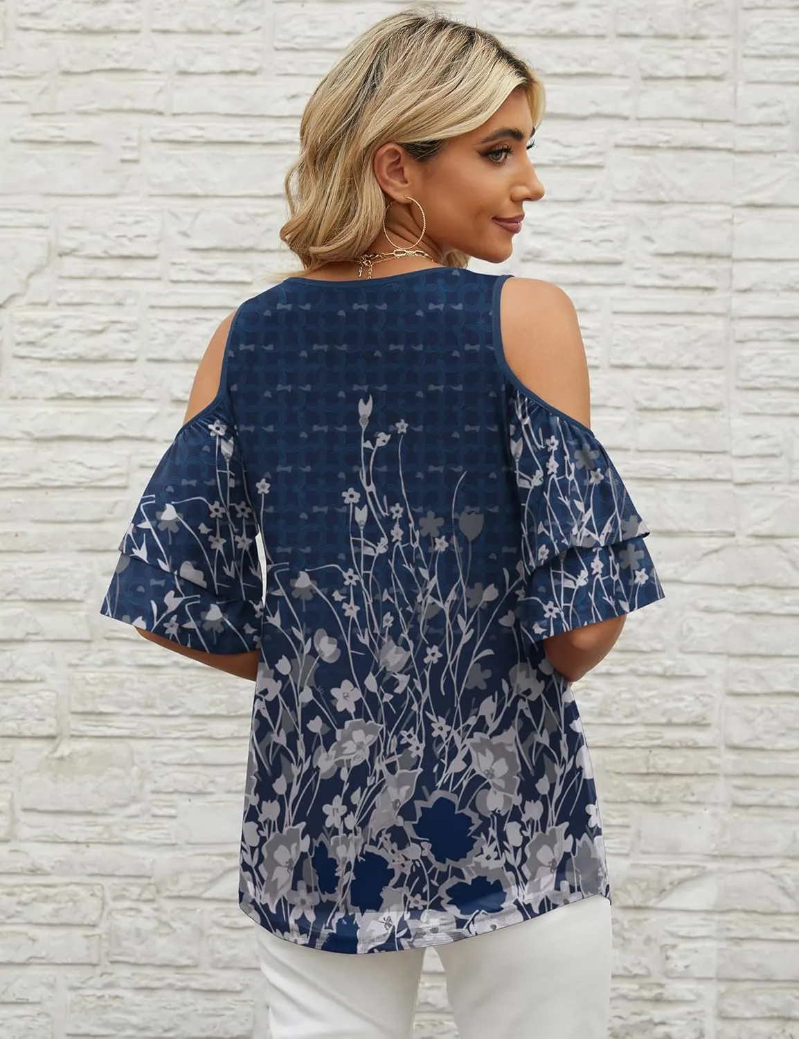 LOMON Womens Tops Summer 2024 Cold Shoulder Short Sleeve Tunic Shirt Casual V Neck Mesh Double Layers Blouses