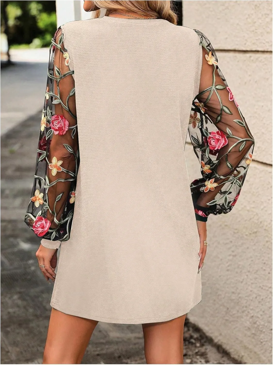MakeMeChic Women's Summer Long Sleeve Floral Sheer Dress Wedding Guest Mesh Crew Neck Lace Black Mini Dresses