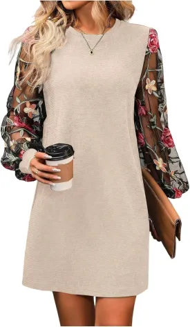 MakeMeChic Women's Summer Long Sleeve Floral Sheer Dress Wedding Guest Mesh Crew Neck Lace Black Mini Dresses