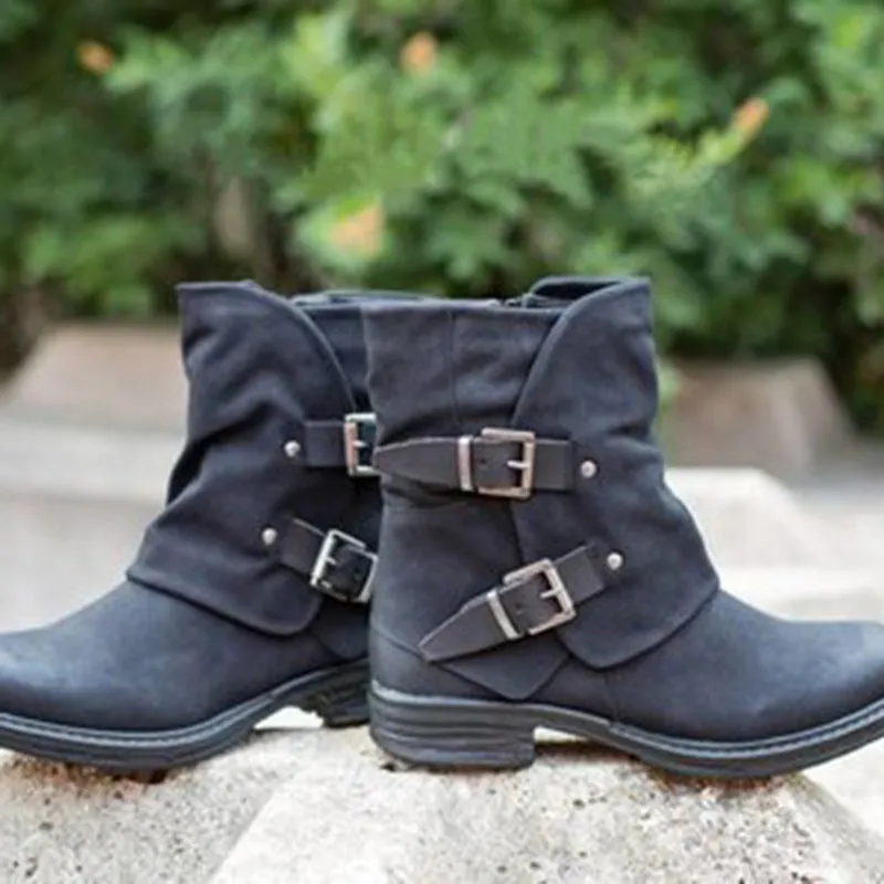 Martin boots with side zipper belt buckle