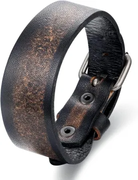 Mens Black Leather Wristband Bangle Bracelet, Buckle Clasp, Size Adjustable, Cool Stylish Tribal Ethnic