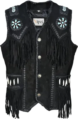 Mens Western Cowhide Suede & Leather Vest  Beaded Fringe Yoke & Back Native-Inspired Cowboy Biker Vest