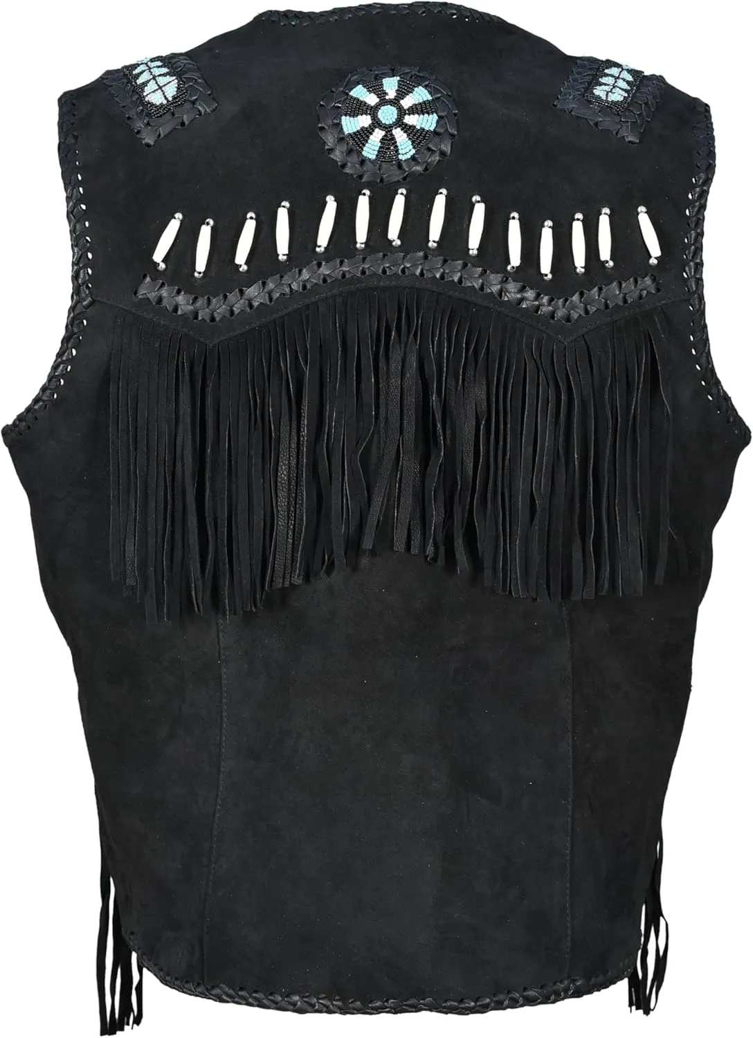 Mens Western Cowhide Suede & Leather Vest  Beaded Fringe Yoke & Back Native-Inspired Cowboy Biker Vest