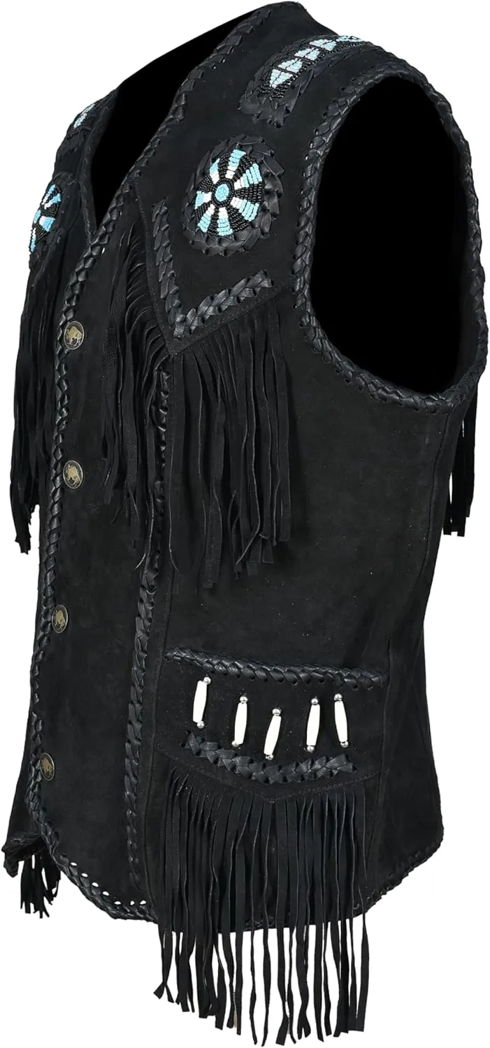 Mens Western Cowhide Suede & Leather Vest  Beaded Fringe Yoke & Back Native-Inspired Cowboy Biker Vest