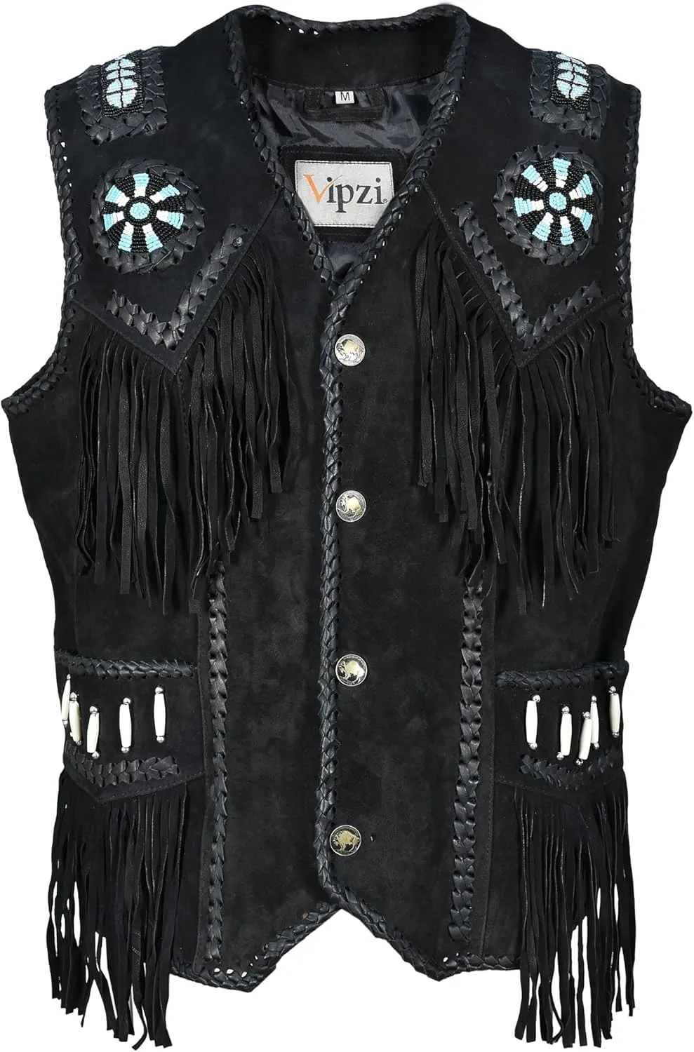Mens Western Cowhide Suede & Leather Vest  Beaded Fringe Yoke & Back Native-Inspired Cowboy Biker Vest