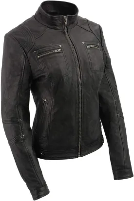 Milwaukee Leather SFL2801 Women's Racer Black Stand Up Collar Motorcycle Fashion Leather Jacket