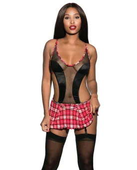 Netted Top Babydoll w/Attached Garter Skirt & G-String Red Plaid LG