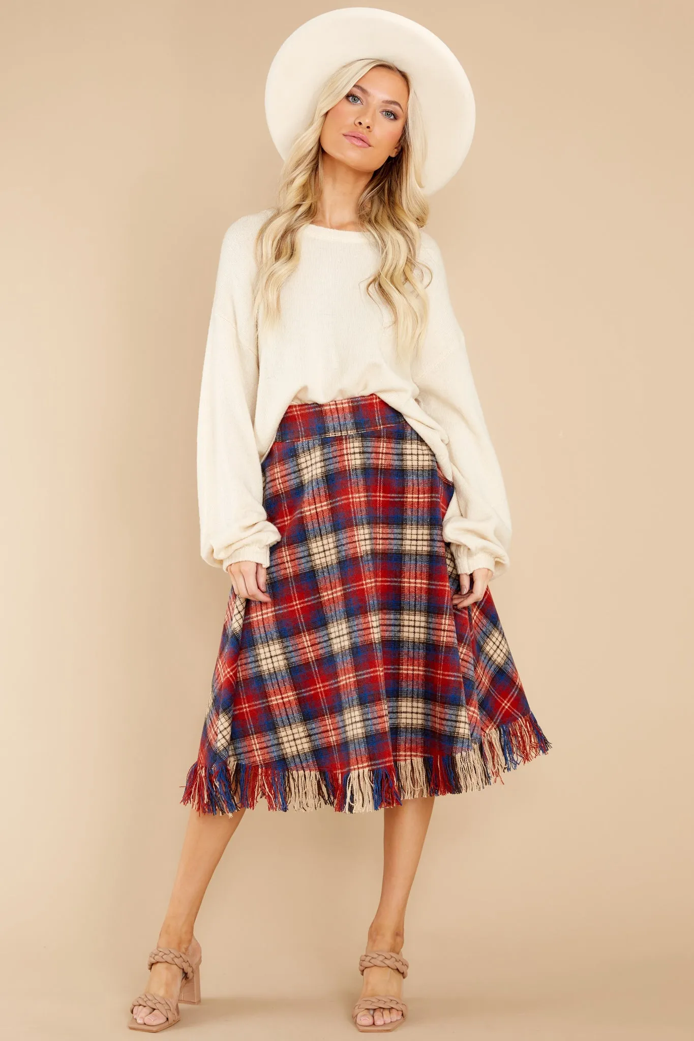 No Drama Here Red Multi Plaid Skirt