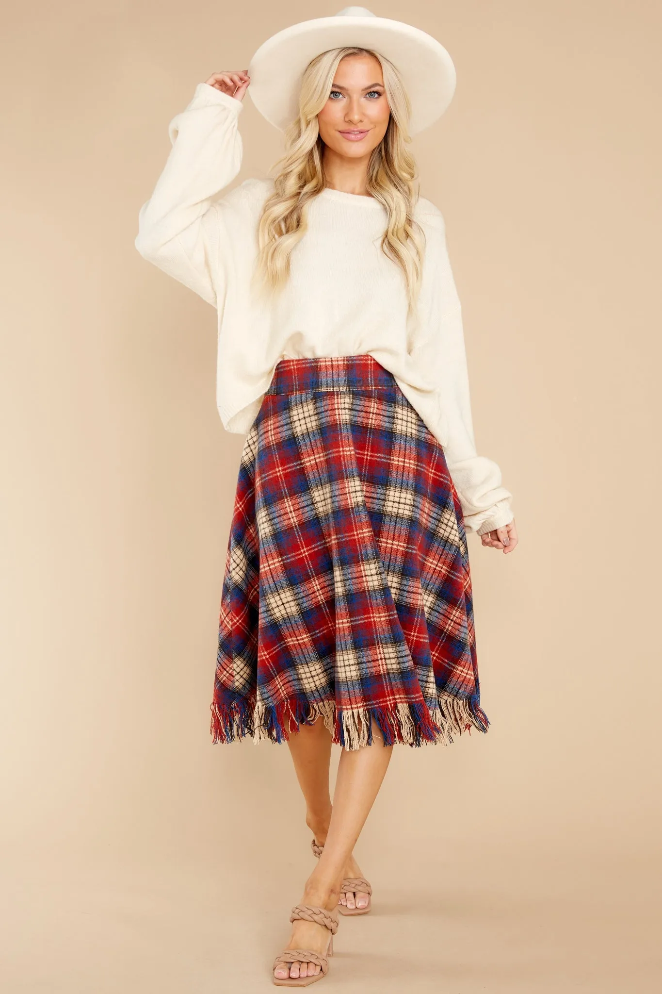 No Drama Here Red Multi Plaid Skirt