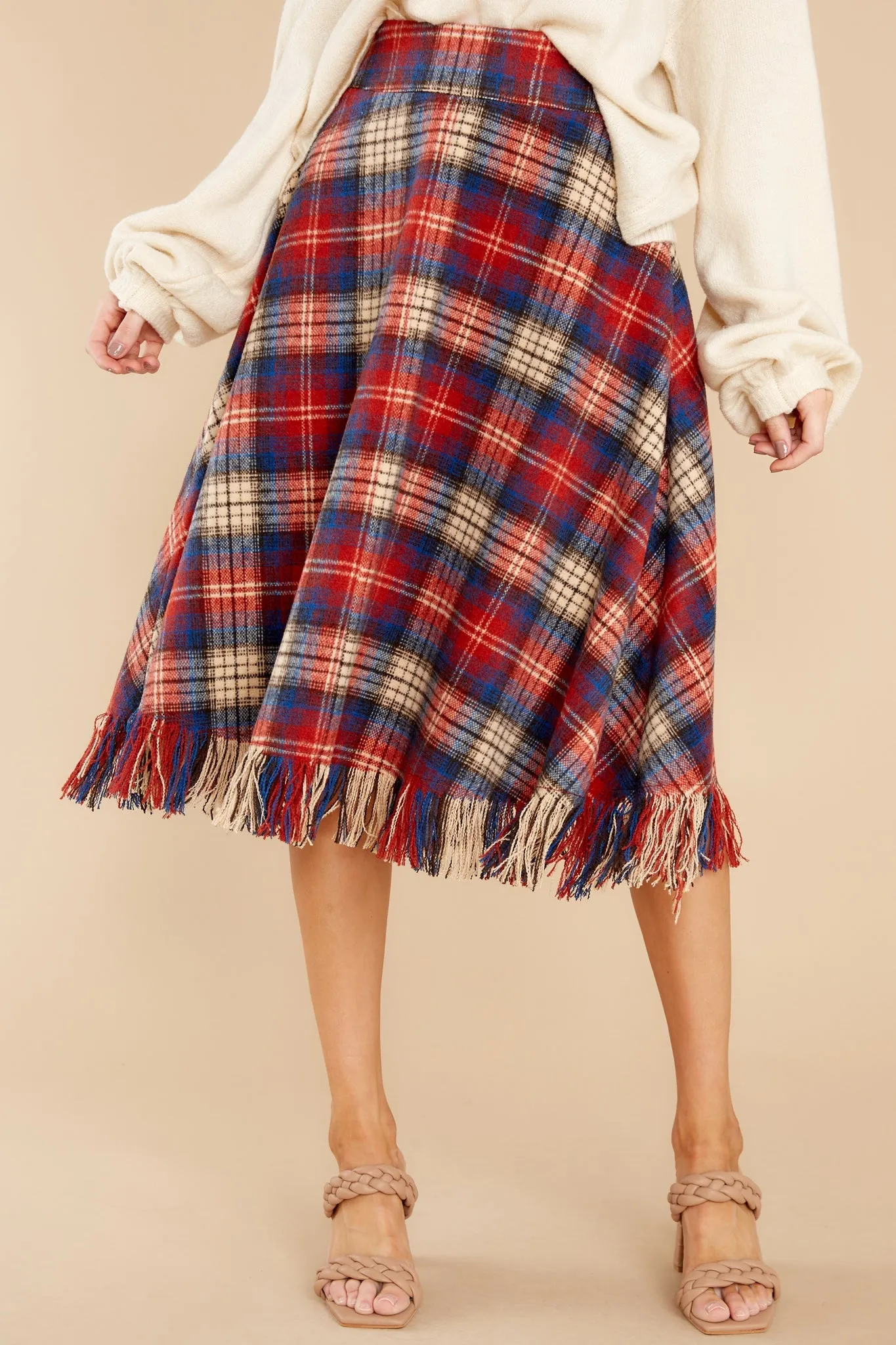 No Drama Here Red Multi Plaid Skirt