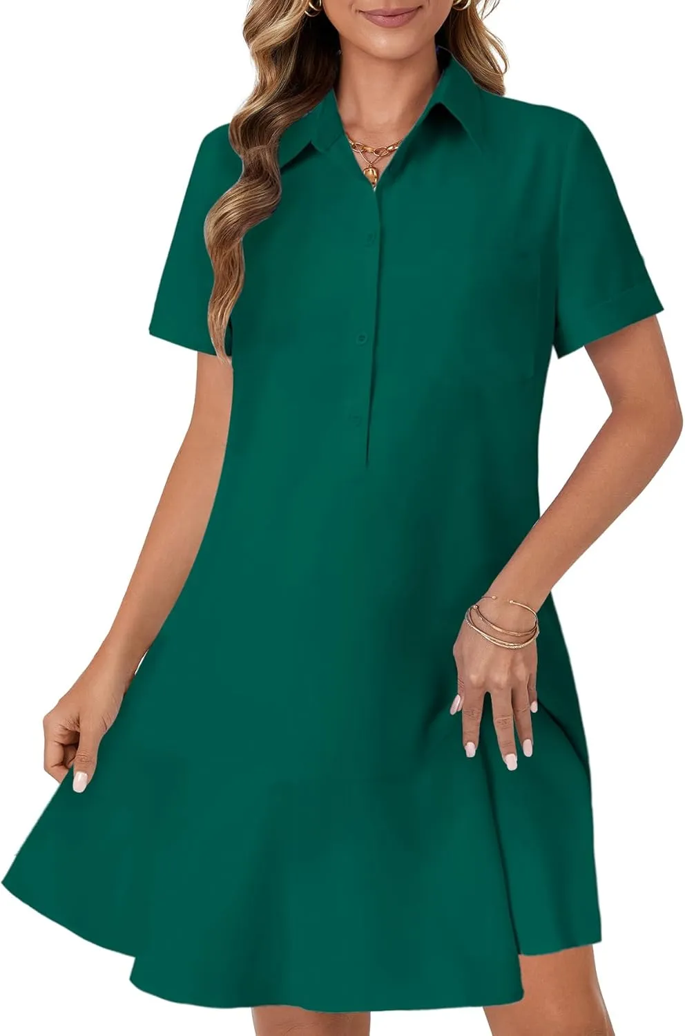 OPOIPIN Women's Collared V Neck Stripe Short Sleeve Button UP Ruffle Hem Shirt Tunic Mini Dress