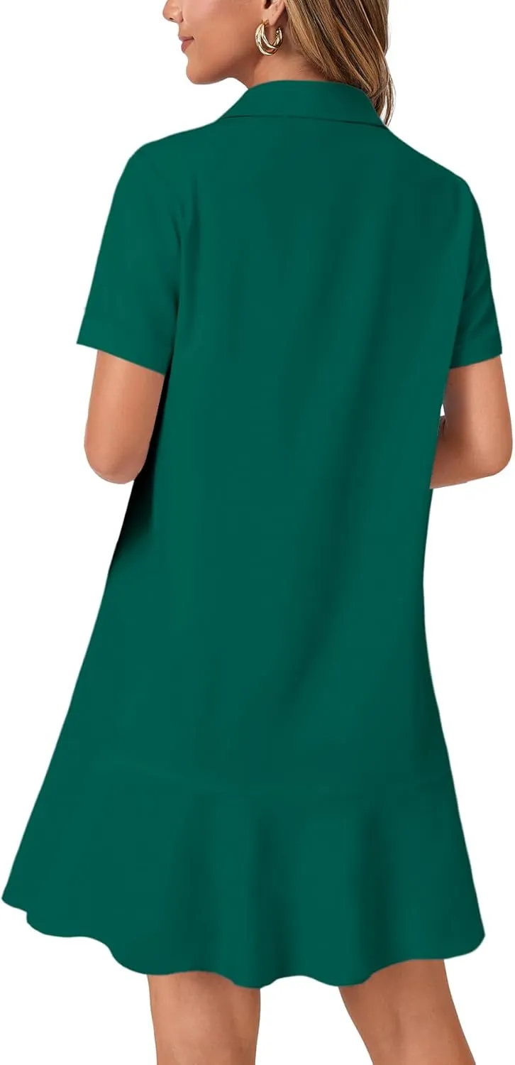 OPOIPIN Women's Collared V Neck Stripe Short Sleeve Button UP Ruffle Hem Shirt Tunic Mini Dress