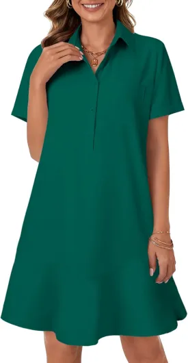 OPOIPIN Women's Collared V Neck Stripe Short Sleeve Button UP Ruffle Hem Shirt Tunic Mini Dress