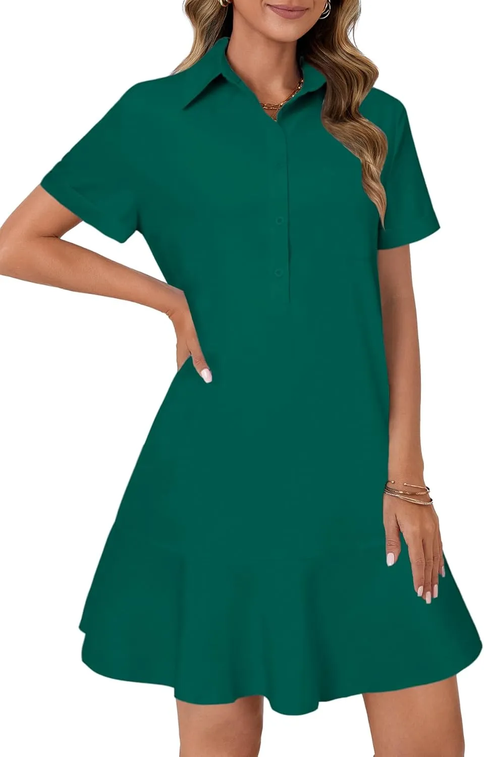 OPOIPIN Women's Collared V Neck Stripe Short Sleeve Button UP Ruffle Hem Shirt Tunic Mini Dress
