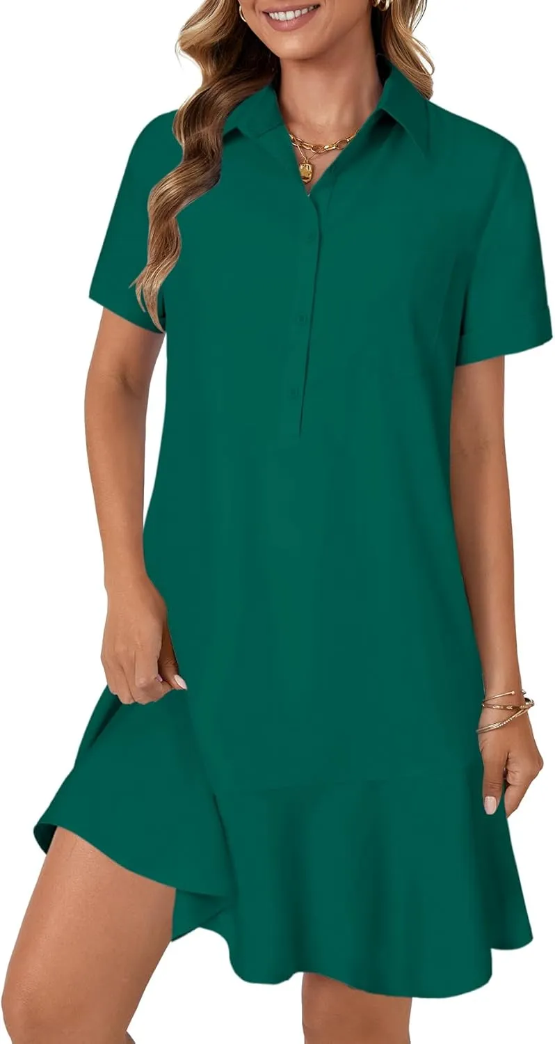 OPOIPIN Women's Collared V Neck Stripe Short Sleeve Button UP Ruffle Hem Shirt Tunic Mini Dress