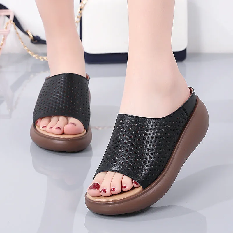 Owlkay Women's Leather Bottom Thick-soled Sandals