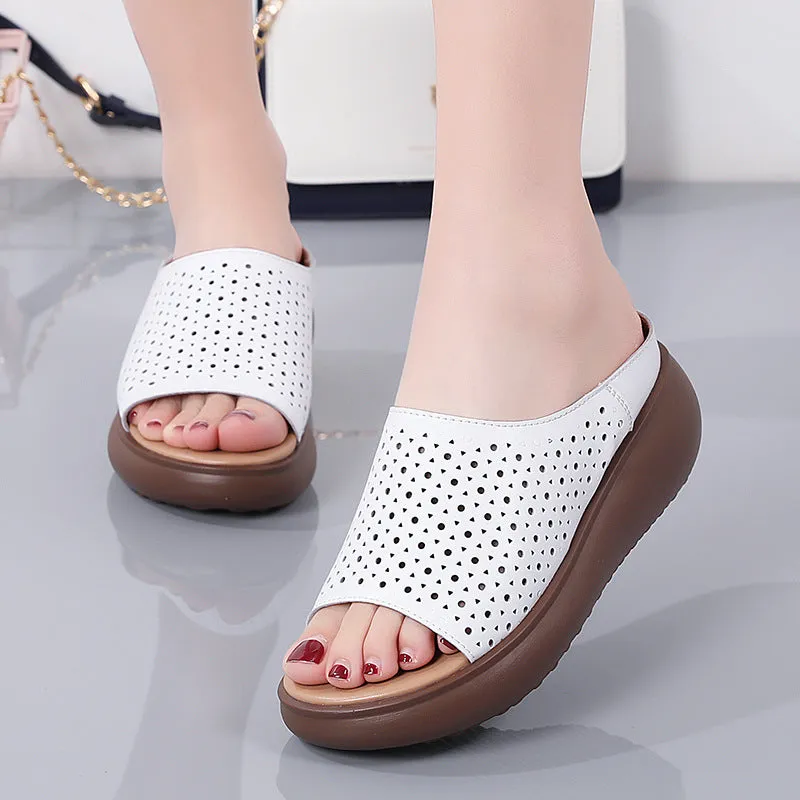 Owlkay Women's Leather Bottom Thick-soled Sandals