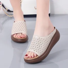 Owlkay Women's Leather Bottom Thick-soled Sandals