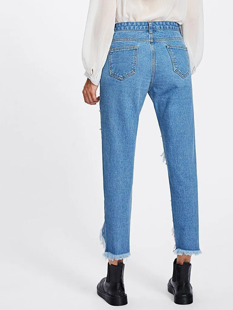 Pearl Beading Destroyed Jeans