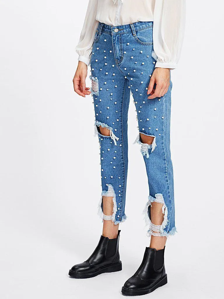 Pearl Beading Destroyed Jeans