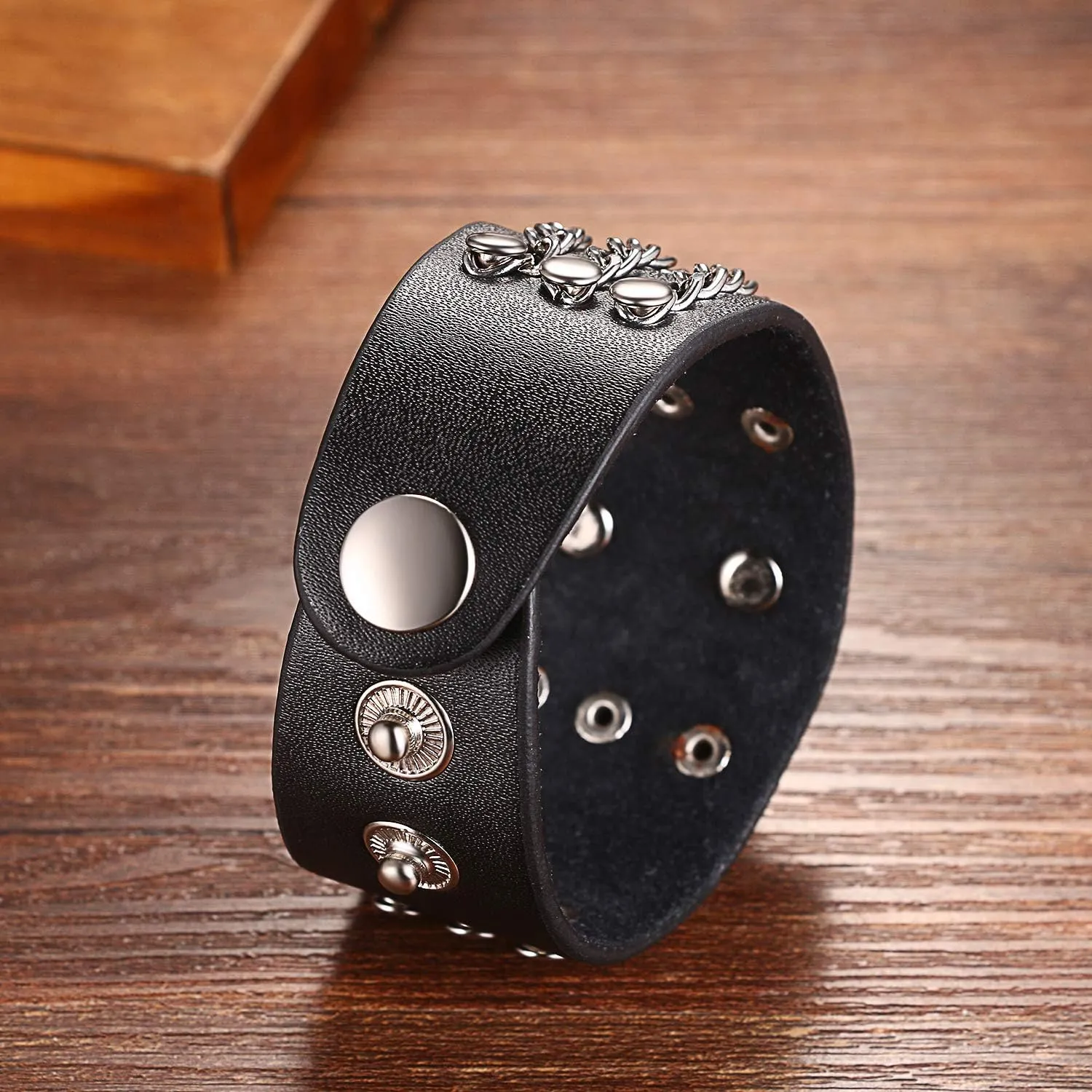 Punk Skull Leather Cuff Bracelet for Men Women, Goth Black Biker Wide Strap Adjustable Bangle Wristband for Halloween Costume Party